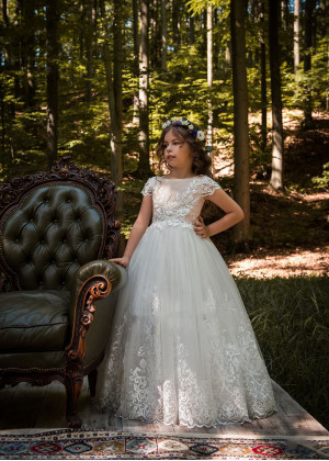 Cap Sleeves Ivory Lace Tulle Floor Length Timeless Flower Girl Dress